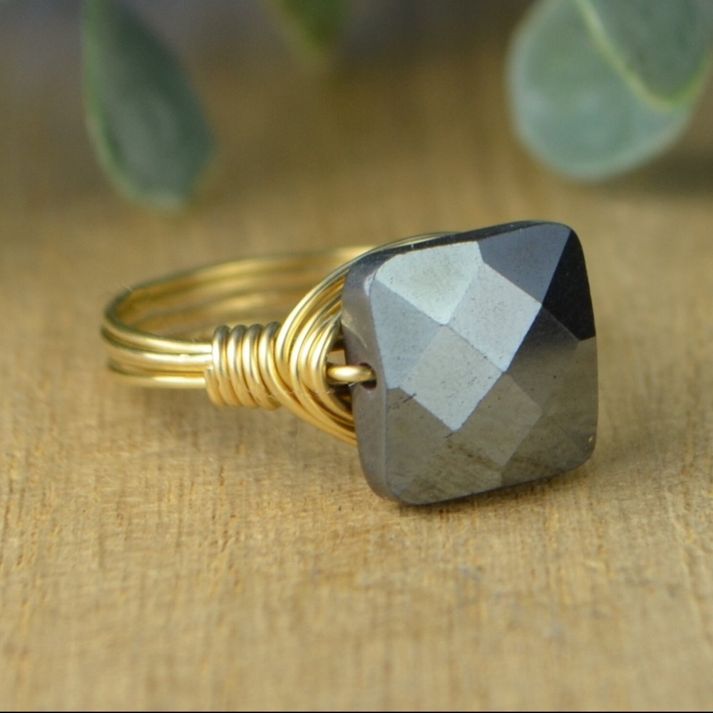 Handcrafted Hematite Faceted Square Gemstone knotted 14k Gold Filled Wire